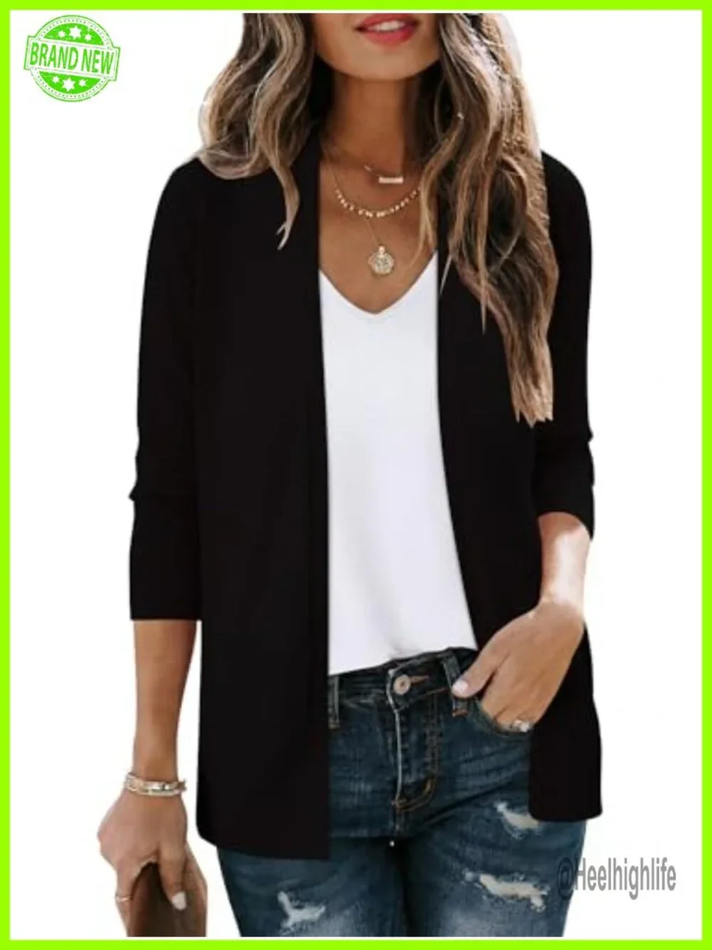 Lightweight Open Front Cardigan with Pockets V-Neck 3/4 Sleeve Knit